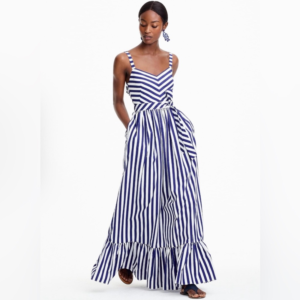 J. Crew Navy and White Striped Ruffle Maxi Dress